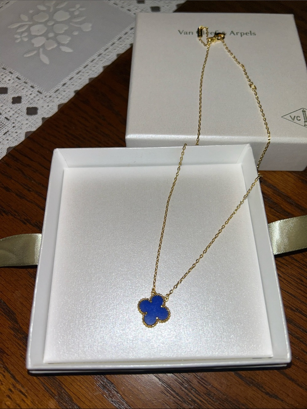Van Cleef & Arpels Gold Necklace with Blue Clover Pendant